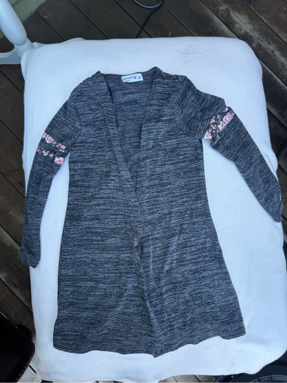 Knitworks Gray Marled Open Cardigan with Pink Floral Sleeve Bands